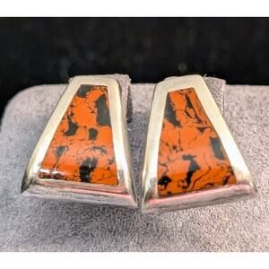 Vtg Stamped Taxco Mexico 925 Sterling Chunky Mahogany Obsidian Post Earrings